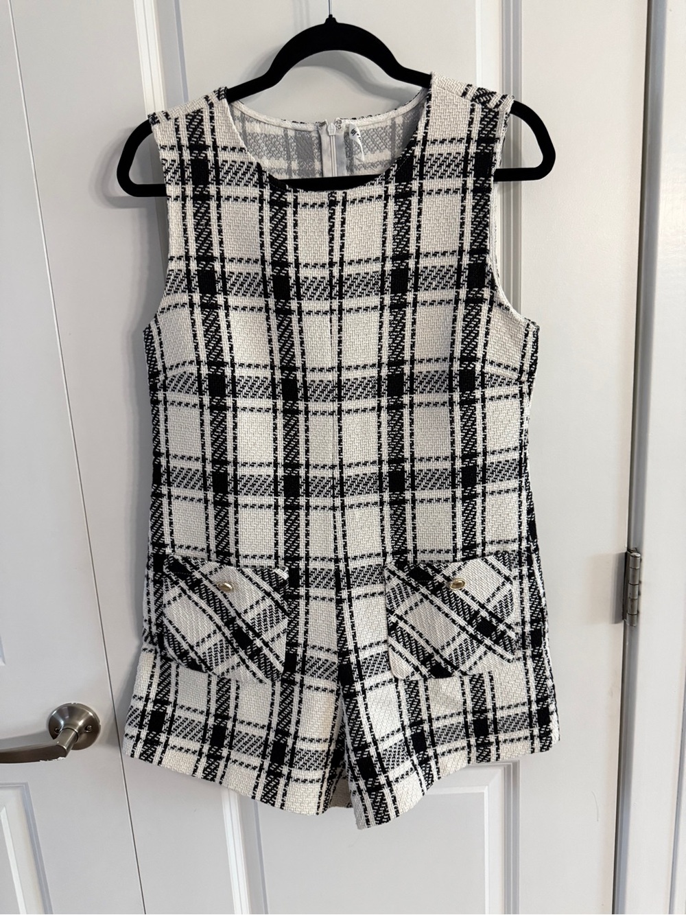 Plaid Sleeveless Tweed Romper in Black & White